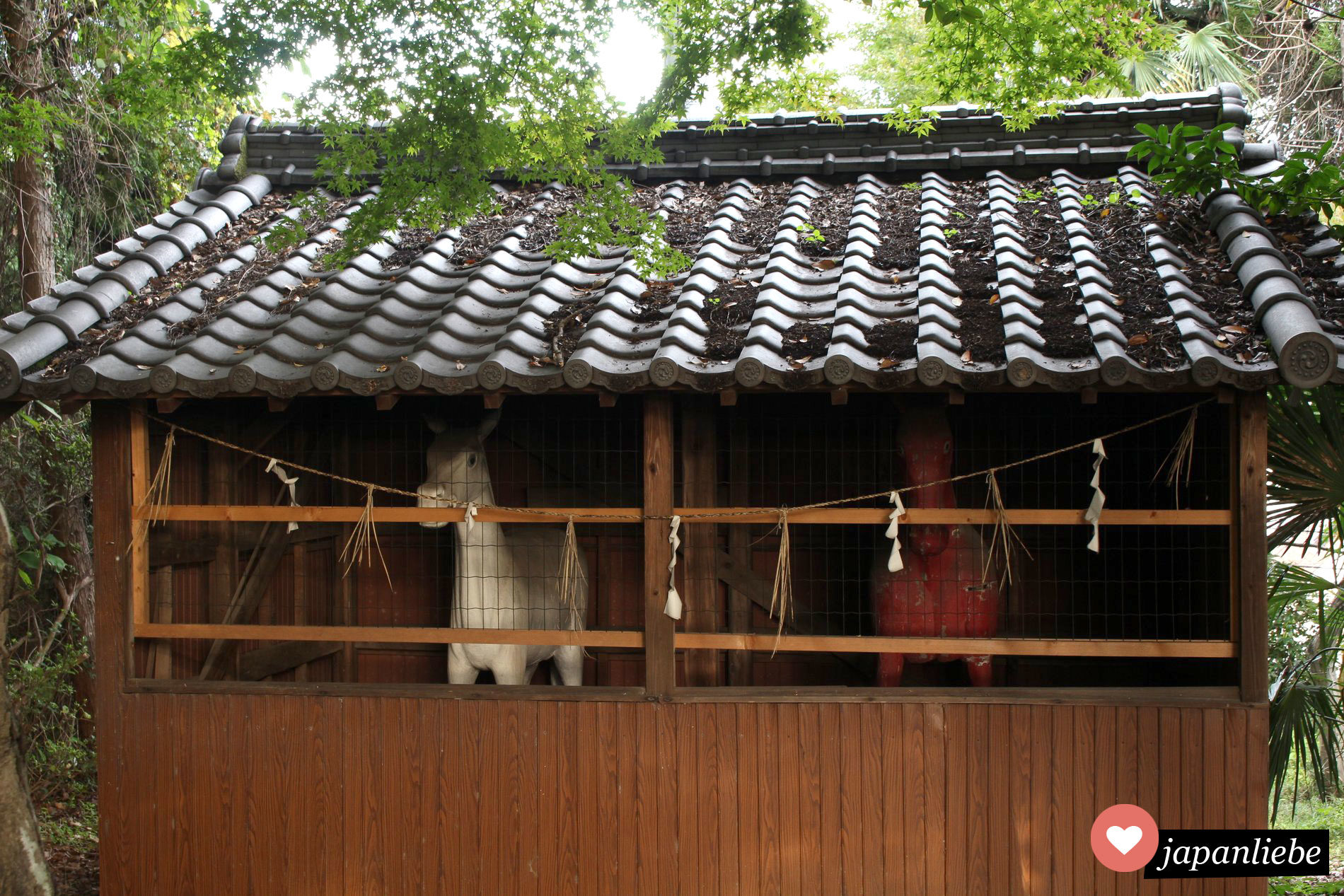 Heilige "shinme"-Pferdestatuen am Yasaka-Schrein in Oita, Japan.