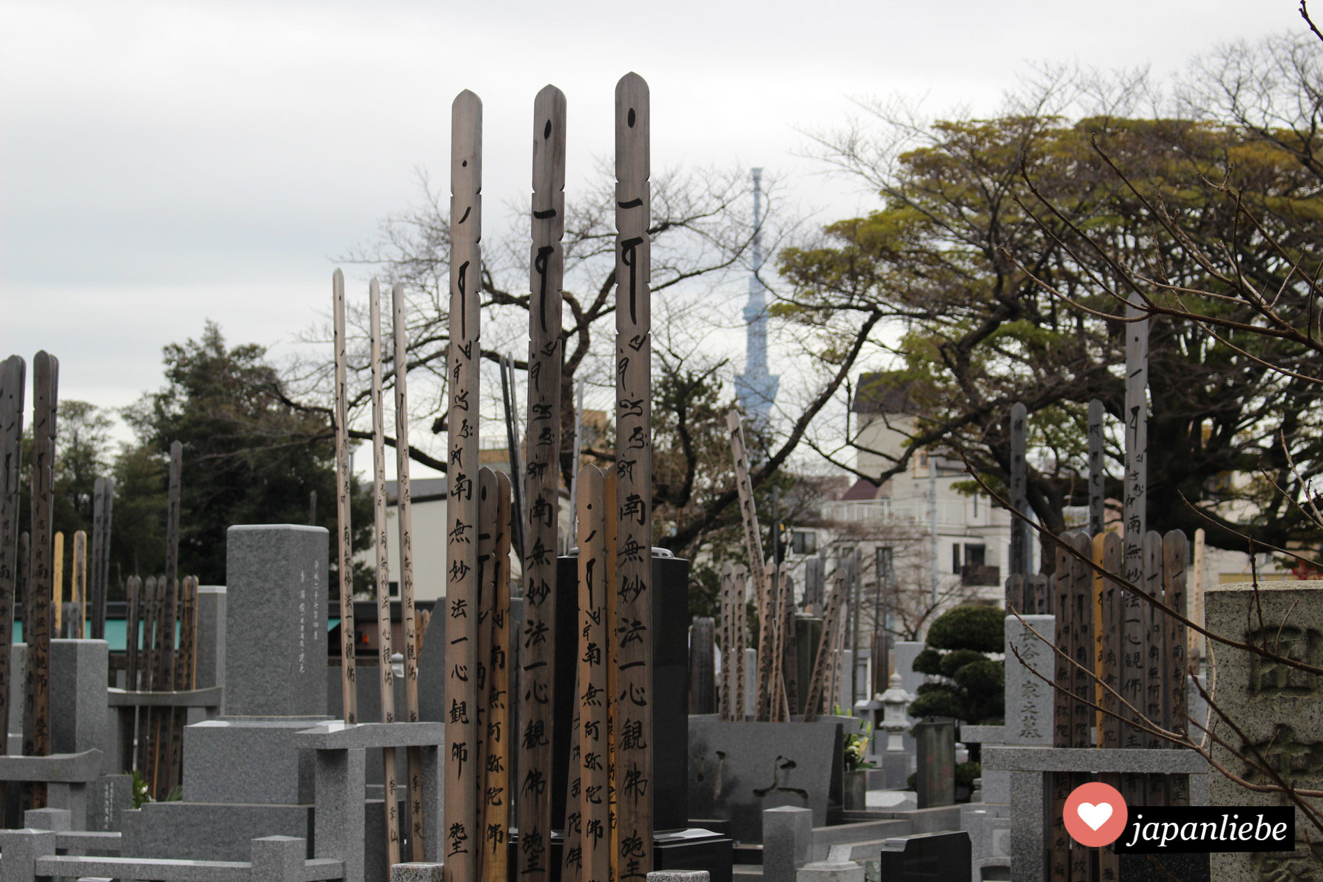 Gräber und sotōba am Yanaka Friedhof, im Hintergrund der Tokyo Sky Tree.