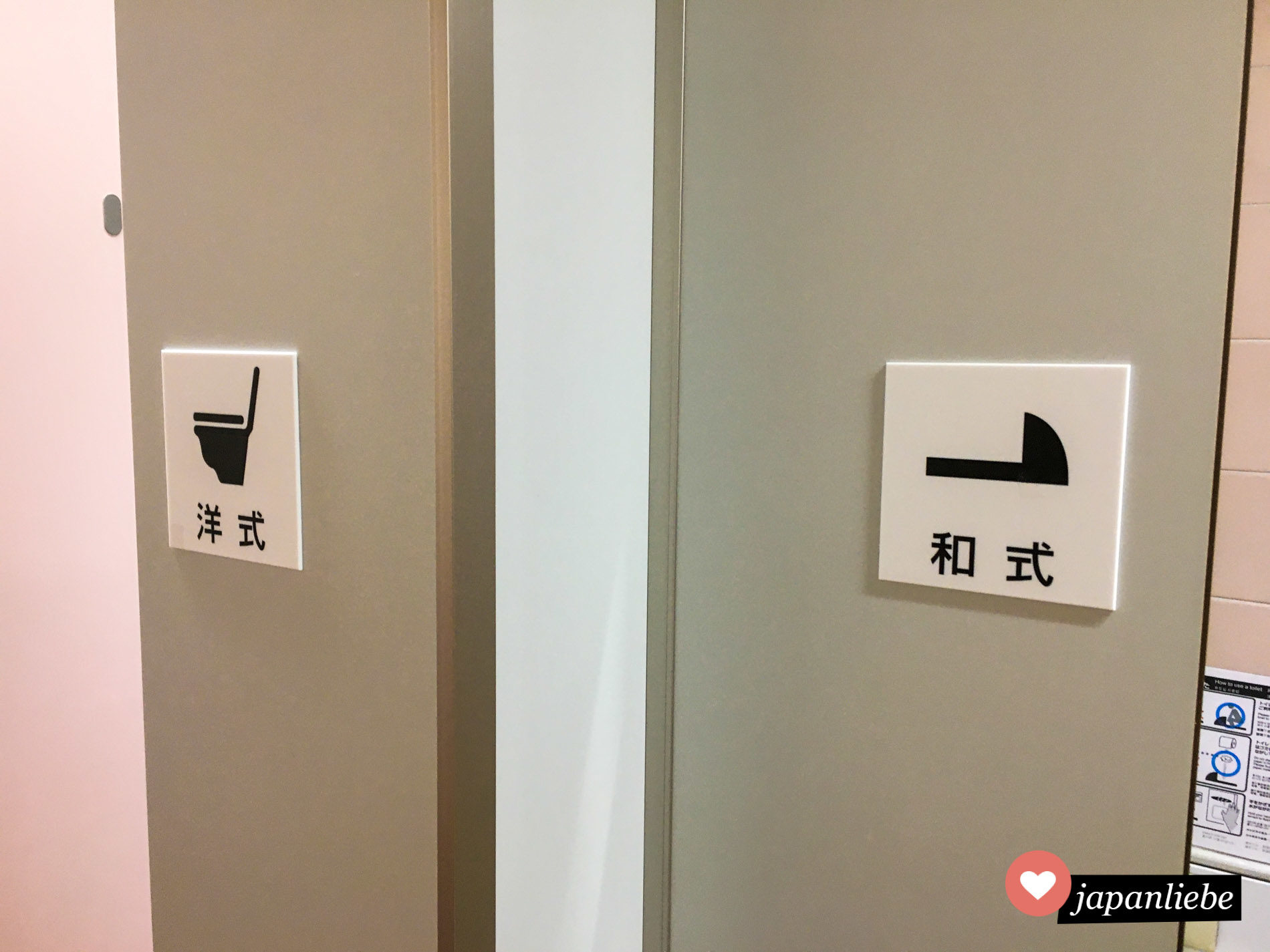 Schilder an der Tür zeigen an, in welcher Kabine man eine westliche, in welcher eine klassisch japanische Hocktoilette findet.