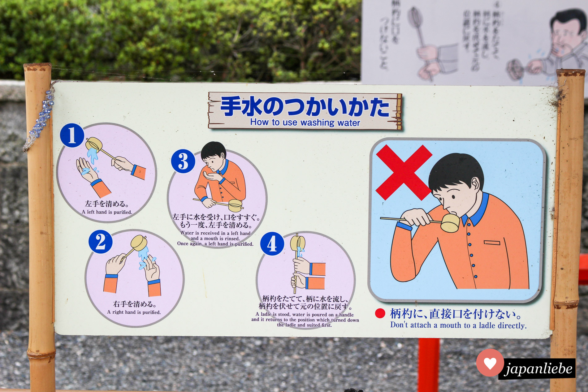 Ein Schild am Fushimi Inari Schrein in Kyōto erklärt, wie die rituelle Reinigung funktioniert. Das Englisch ist dabei eher fragwürdig.