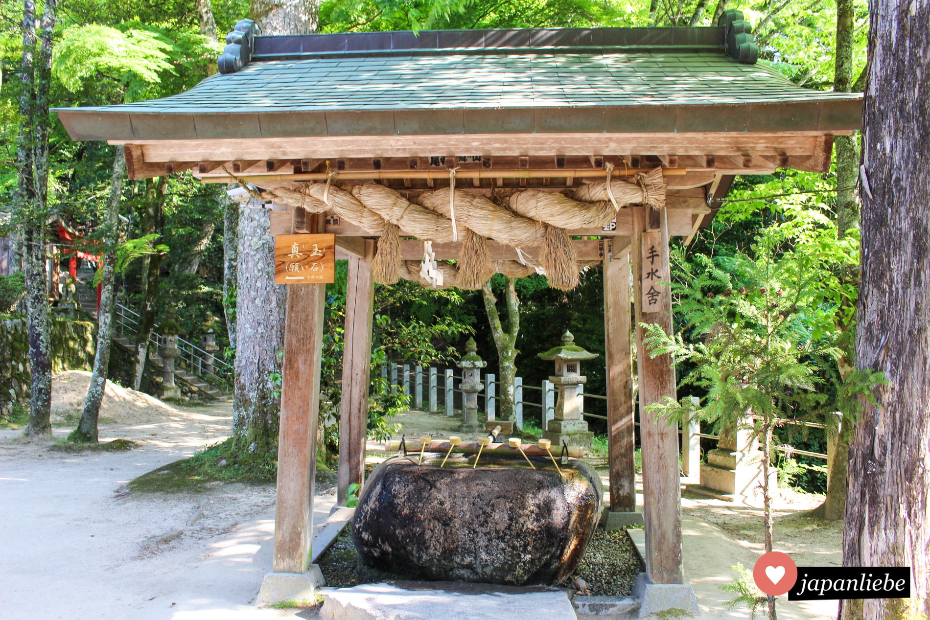 Der temizuya Schreinbrunnen am Tamatsukuriyu Schrein ist wie in der Gegend üblich mit einem dicken shimenawa Reisstrohseil geschmückt.