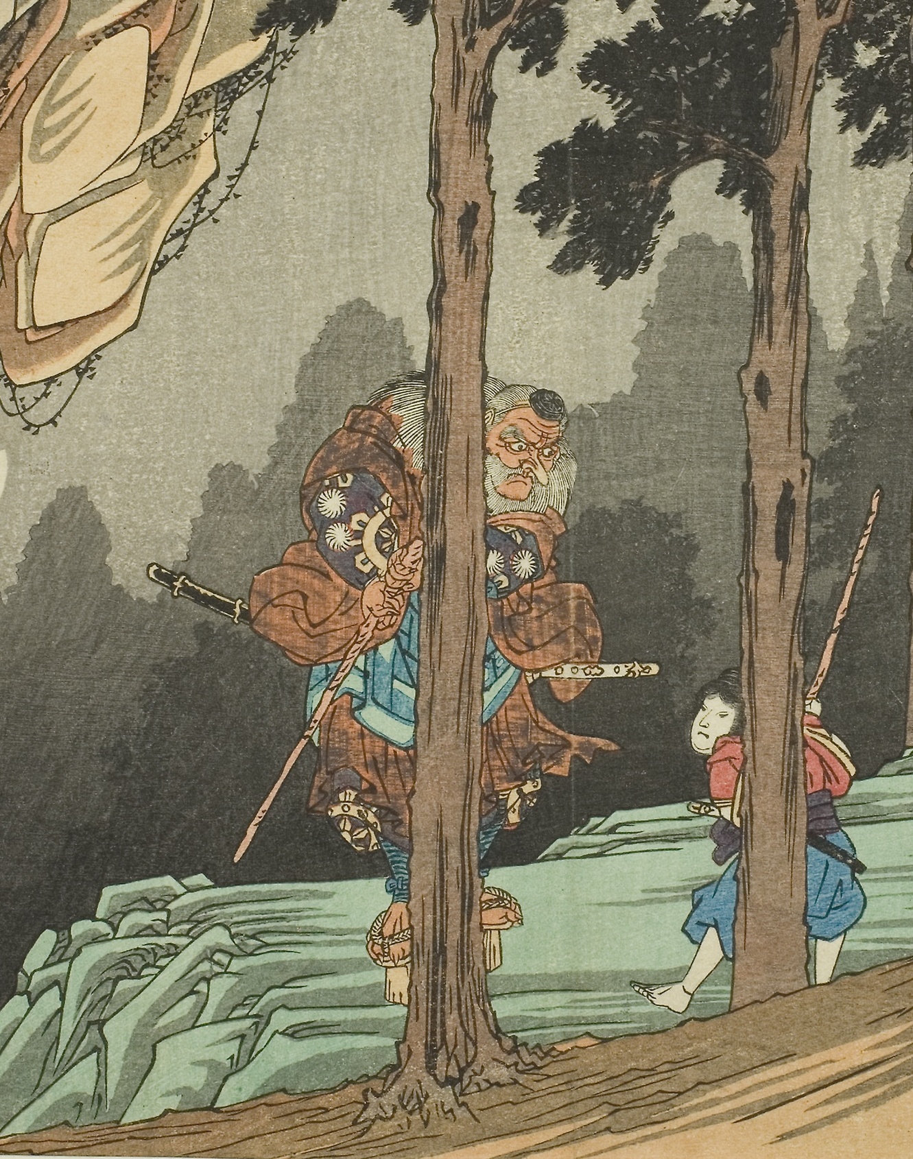 Japans berühmtester Künstler Hiroshige stelle den König der tengu mit ipponba geta Sandalen dar. (Foto: Hiroshige auf wikimedia https://commons.wikimedia.org/wiki/File:King_of_the_tengu_with_Ushiwakamaru.jpg CC0 1.0)