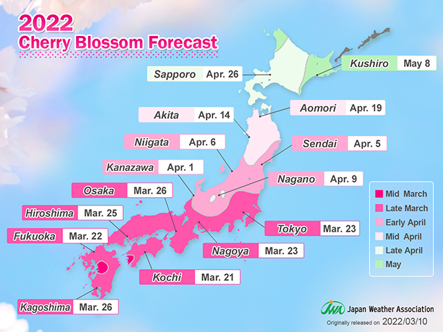 Ein Beispiel für eine Vorhersage der Kirschblütenfront 2022 von der Japan Weather Association. (Quelle: https://www.jwa.or.jp/english/)