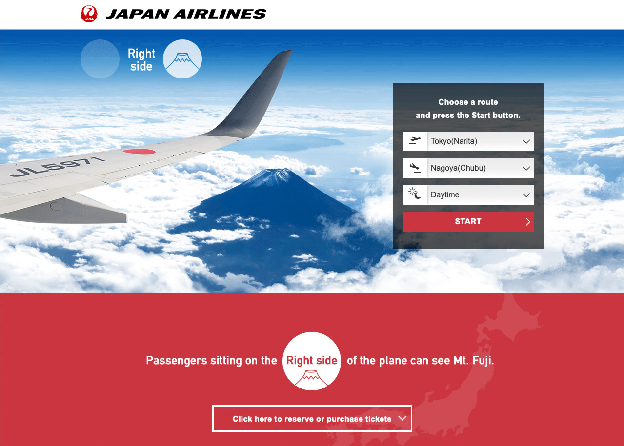 Japan Airlines gibt mit einem Tool auf der Website vor einem Inlandsflug eine Empfehlung ab, ob man links oder rechts sitzen sollte, um den Fuji vom Flugzeug aus sehen zu können.