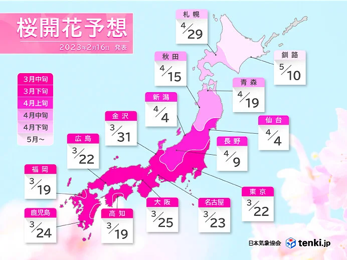 Die Kirschblüte bewegt sich anhand einer Front von Süden nach Norden fort. Dies war die Vorhersage für 2023. (Quelle: https://tenki.jp/forecaster/m_kimura/2023/02/16/21906.html)